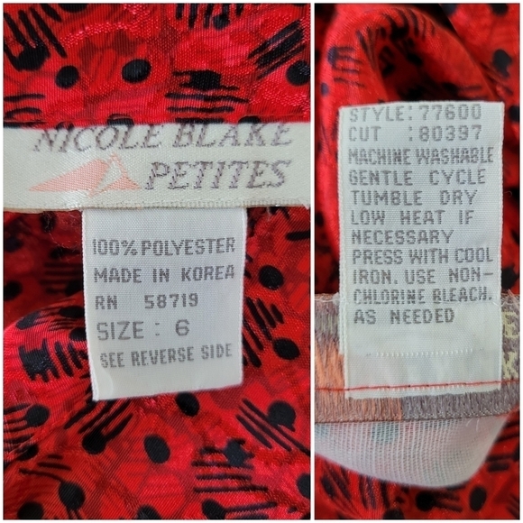 Vtg 80s Nicole Blake Petites Peplum Button Back Silky Blouse Red & Black Size 6P - Picture 6 of 10